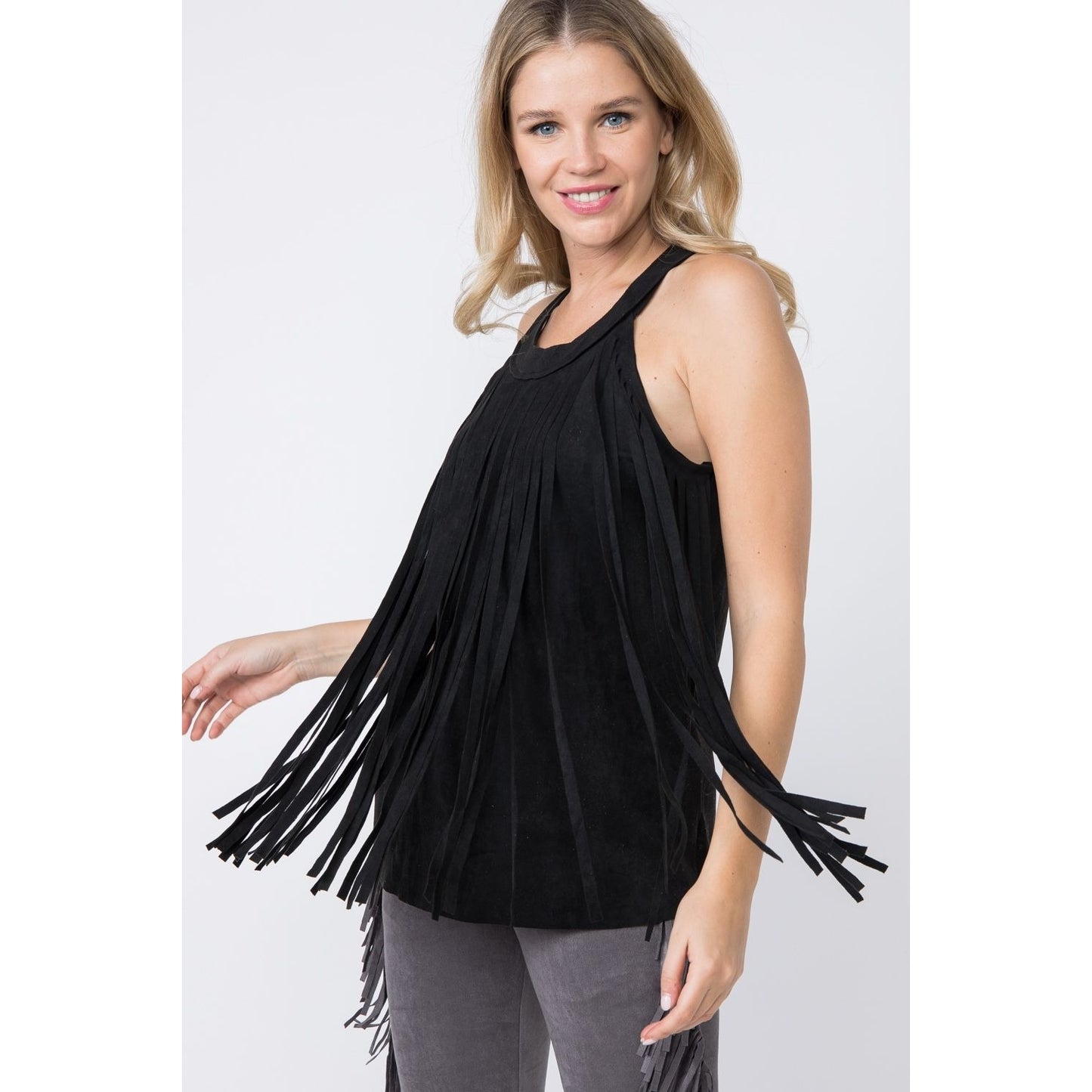 Western Princess Suede Fringed Top - Black