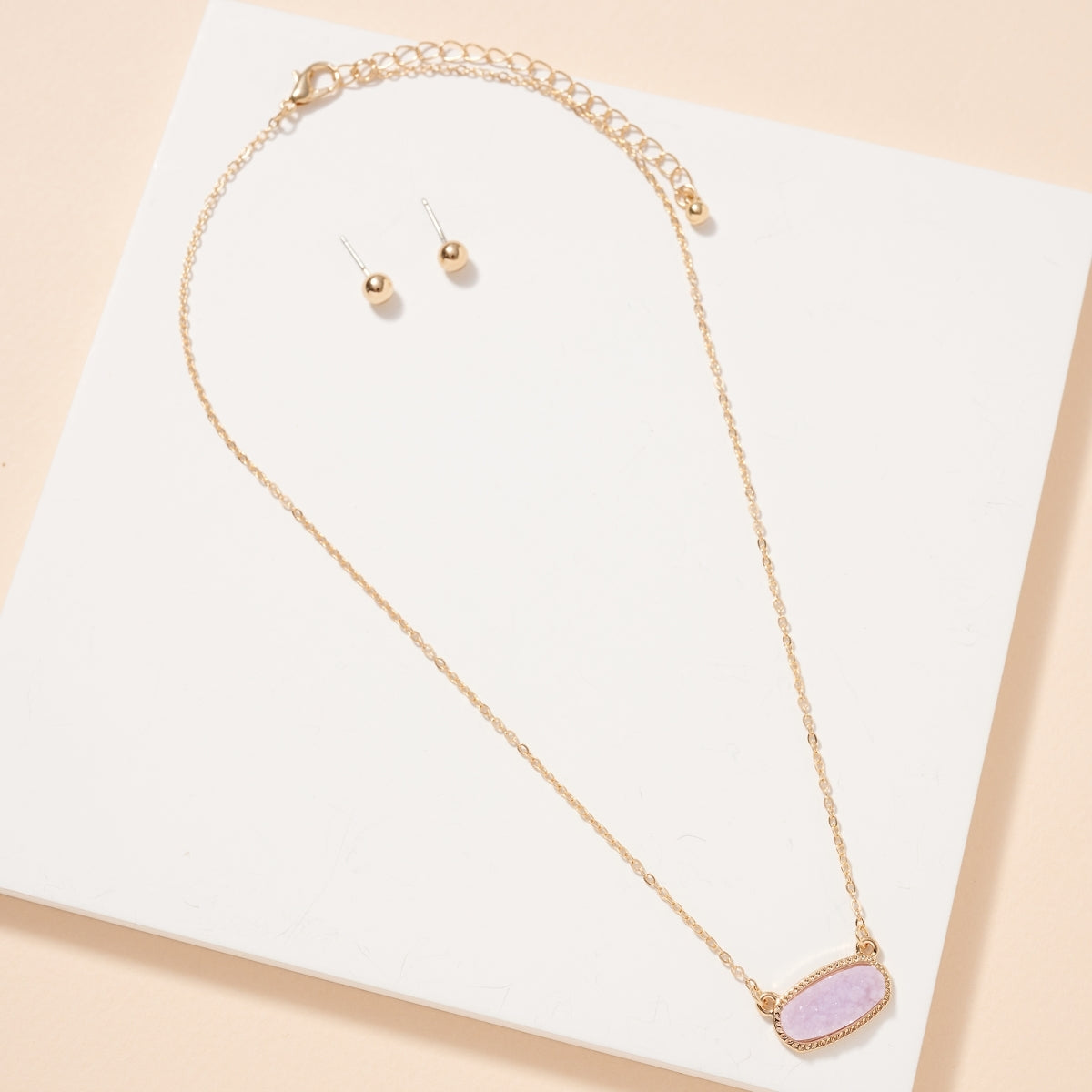Dainty Oval Druzy Pendant Necklace & Earring Set - Lavender on Gold