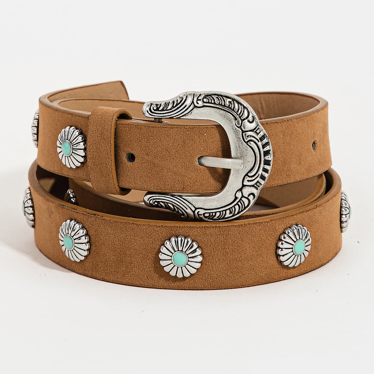 Engraved Buckle Faux Leather Western Concho Belt - Brown