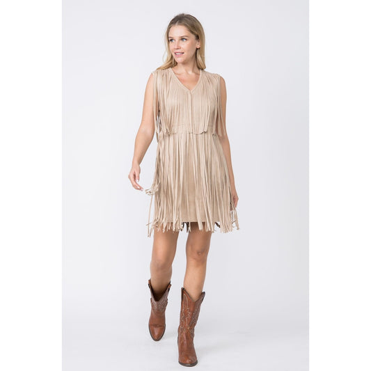 Vocal Taupe Suede Fringed Sleeveless Western Dress