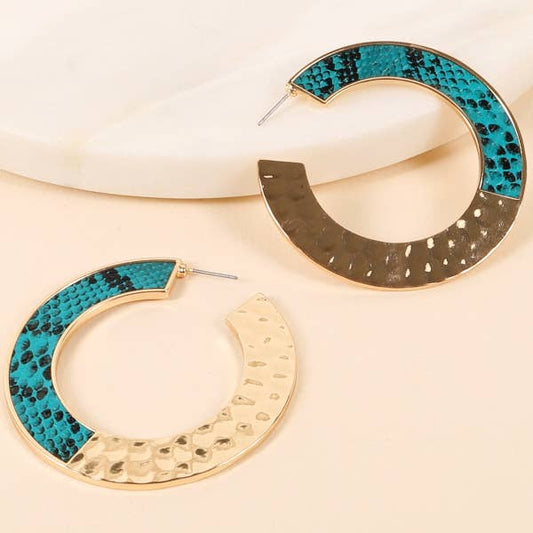 Colorful Python Snake & Hammered Metal Open Hoop Earrings - Gold/Teal