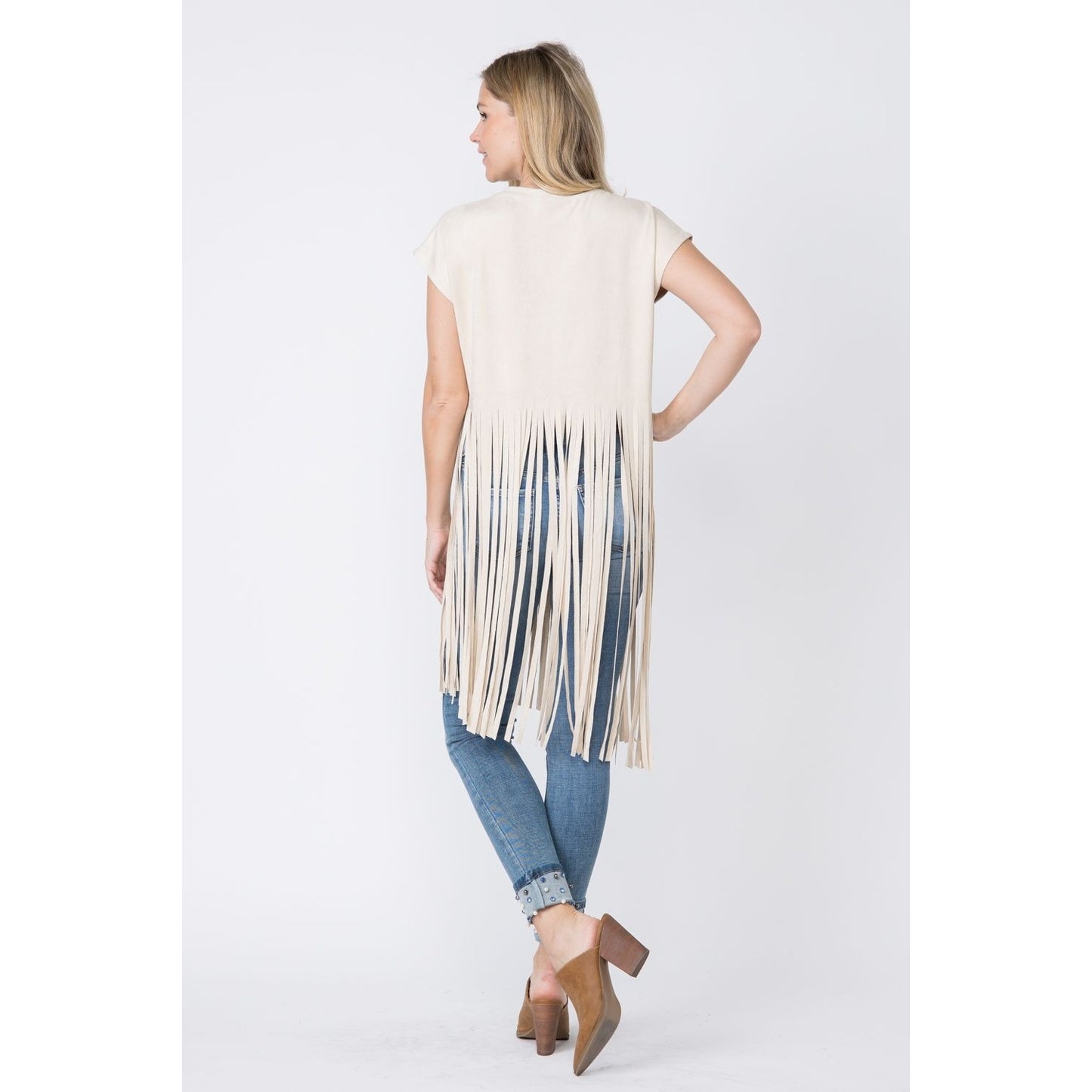 Natural Suede SS Long Fringed Top