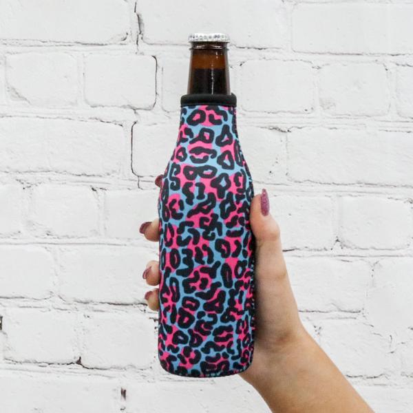 NEW-Blue Leopard Neoprene Zip-Up Bottleneck Bottle Cooler Koozie