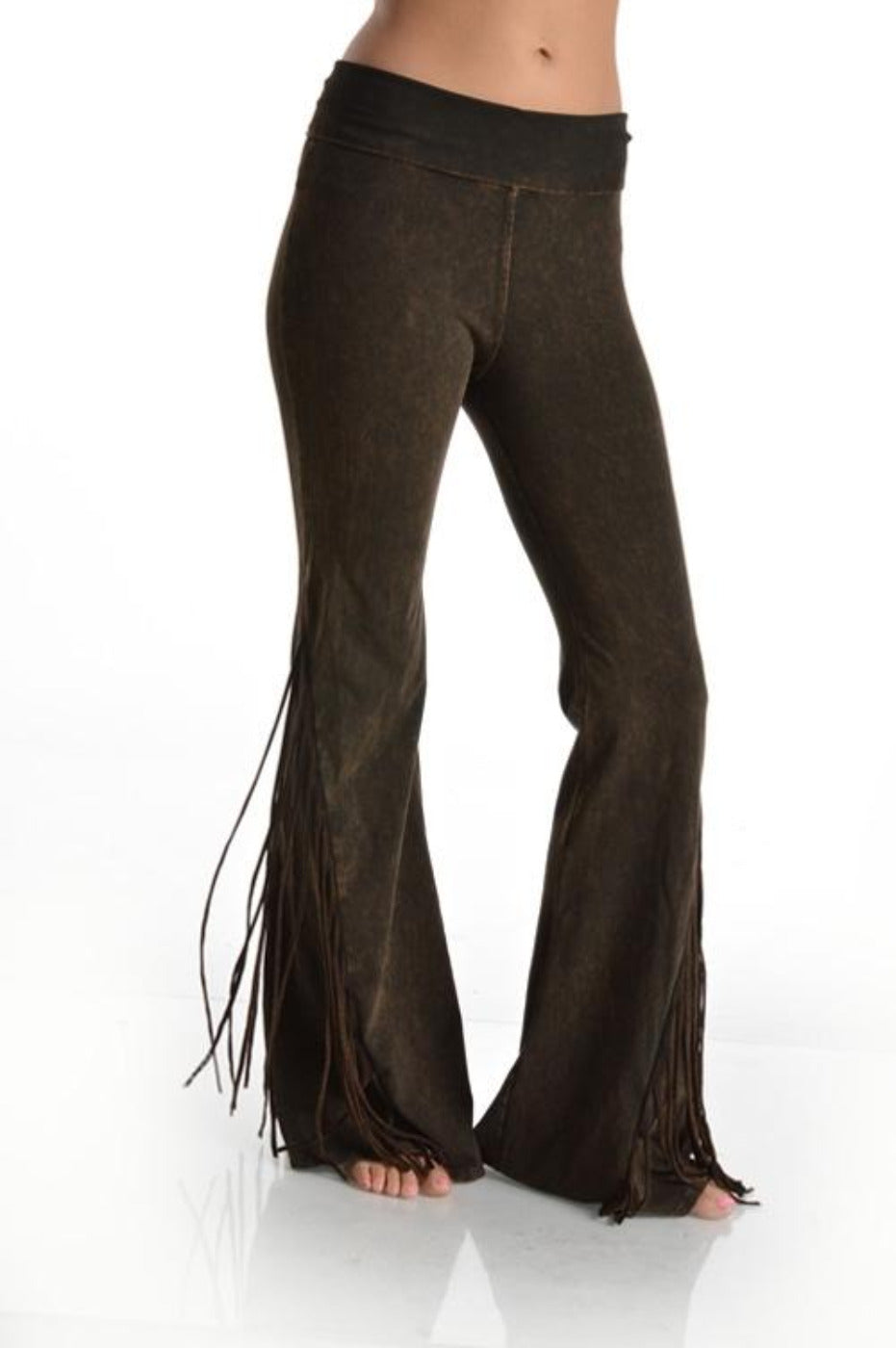 Flared Mineral Washed Fringed Foldover Yoga Pants - Brown - Made In USA
