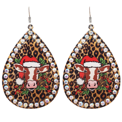 Christmas Cow Rhinestone Metal Teardrop Earrings - Leopard