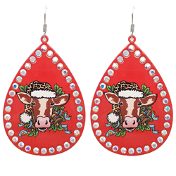 Leopard Christmas Stocking Cow Rhinestone Metal Teardrop Earrings - Red