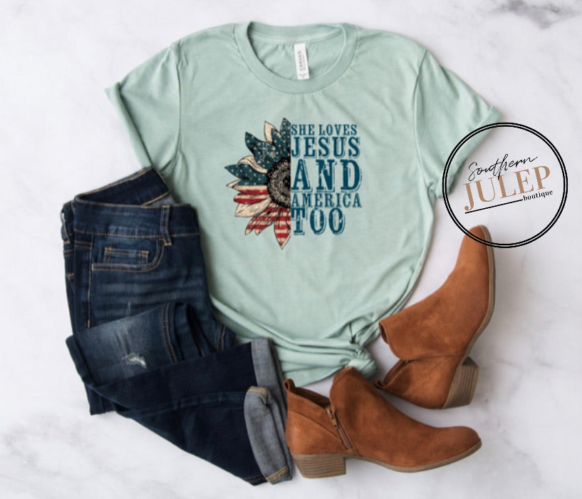 She Loves Jesus and America Too SS Boutique Tee - Custom Printed Preorder Tees