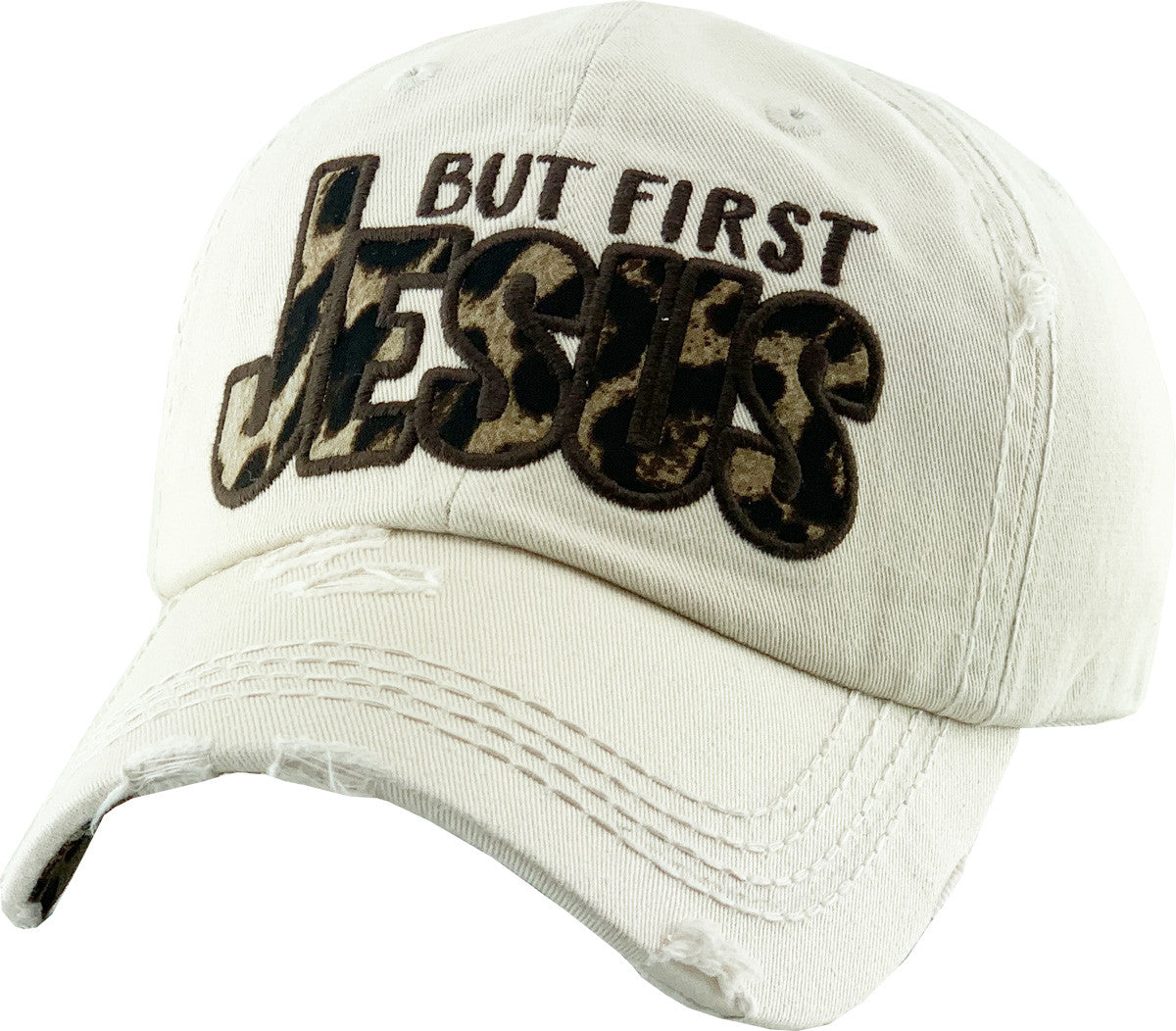 But First Jesus Stone Leopard Patch Vintage Look Baseball Cap