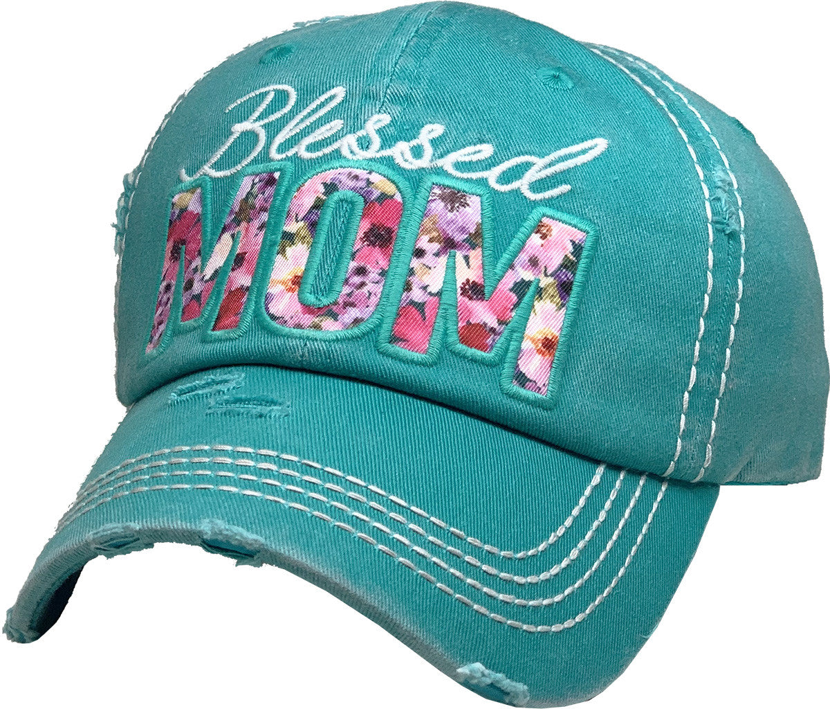 Blessed MOM Floral Patch Vintage Look Distressed Baseball Cap - Asst.