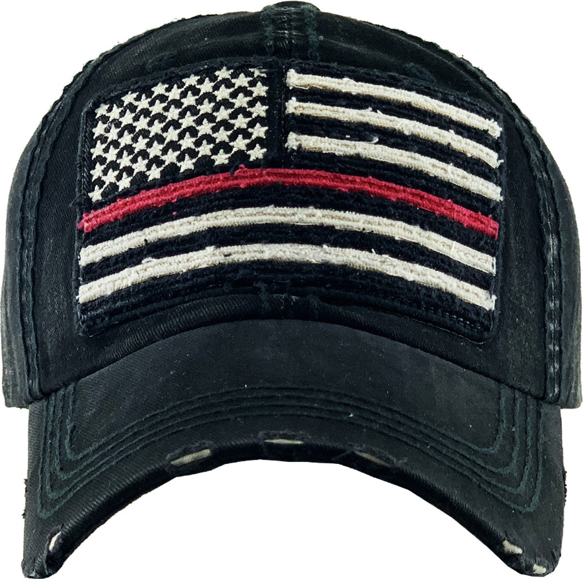 Red Line American Flag Embroidered Patch Baseball Cap - Black