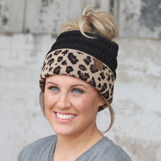 CC Solid Color Ribbed Knit Messy Bun Beanie with Leopard Cuff - MB45