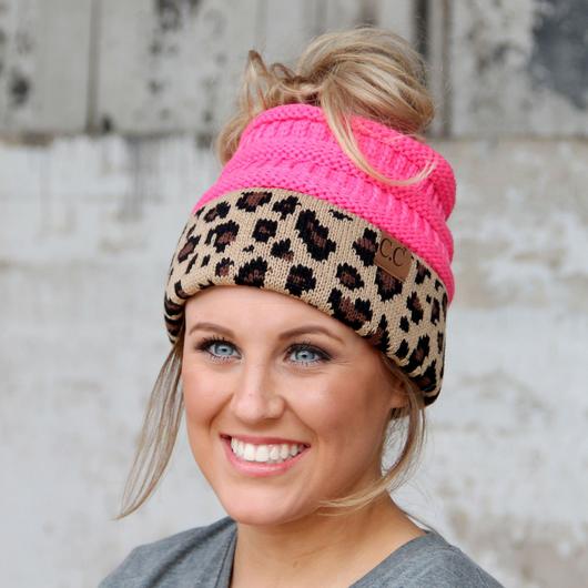 CC Solid Color Ribbed Knit Messy Bun Beanie with Leopard Cuff - MB45