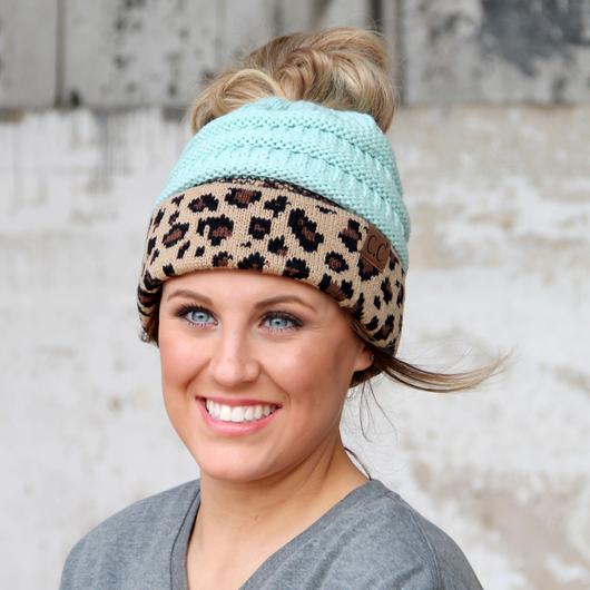 CC Solid Color Ribbed Knit Messy Bun Beanie with Leopard Cuff - MB45