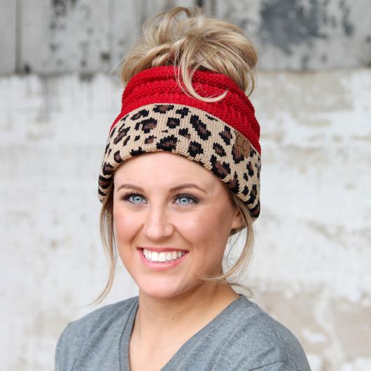 CC Solid Color Ribbed Knit Messy Bun Beanie with Leopard Cuff - MB45