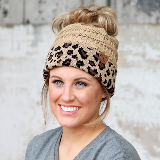 CC Solid Color Ribbed Knit Messy Bun Beanie with Leopard Cuff - MB45