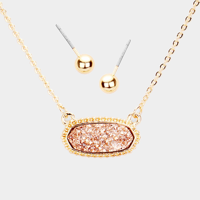 Dainty Druzy Oval Pendant Necklace & Earring Set - Copper on Gold