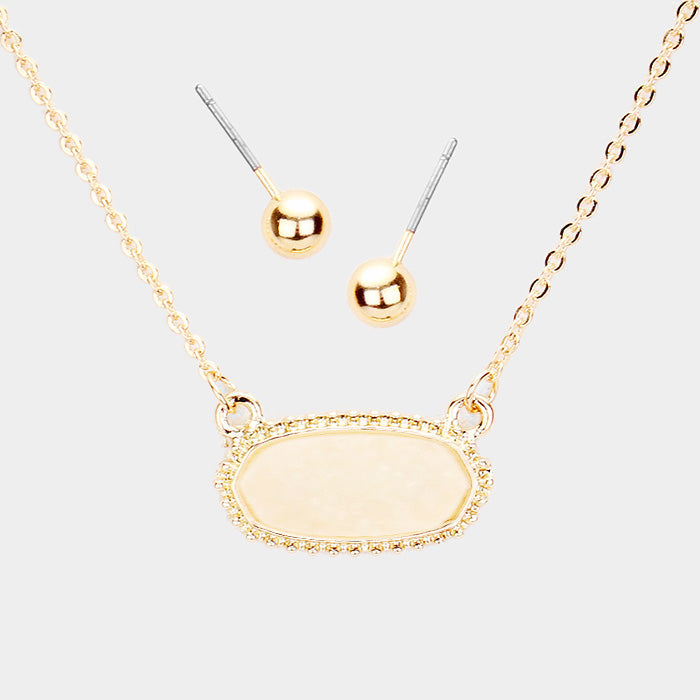 Dainty Oval Druzy Pendant Necklace & Earring Set - Ivory on Gold