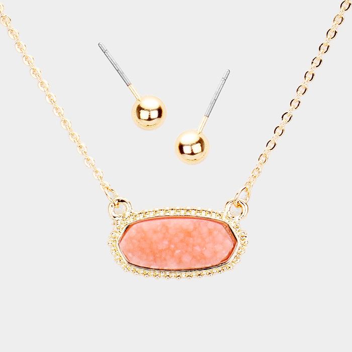 Dainty Oval Druzy Pendant Necklace & Earring Set - Peach on Gold