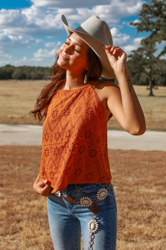 The Try and Impress Me Eyelet Top - Rust