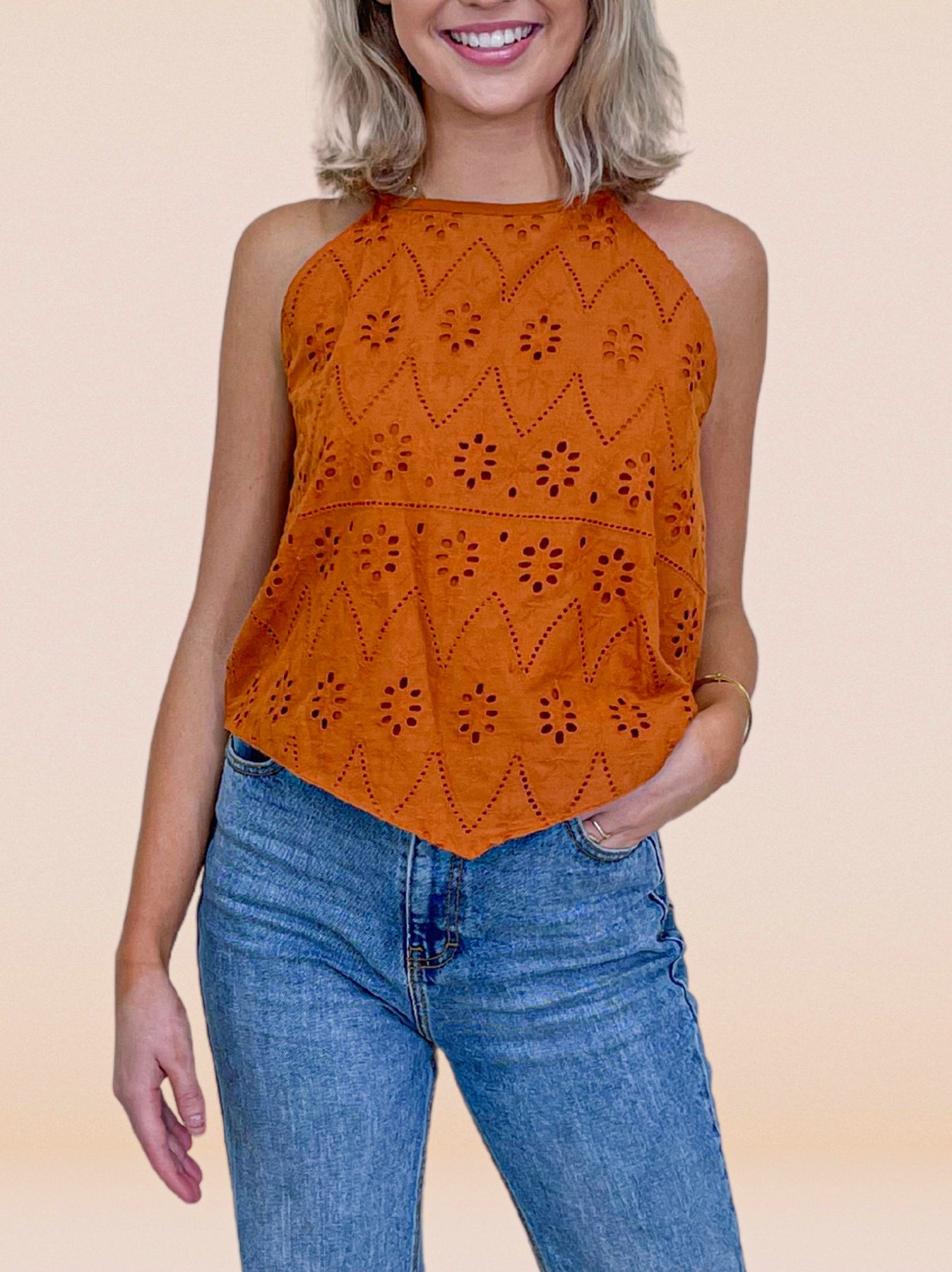 The Try and Impress Me Eyelet Top - Rust