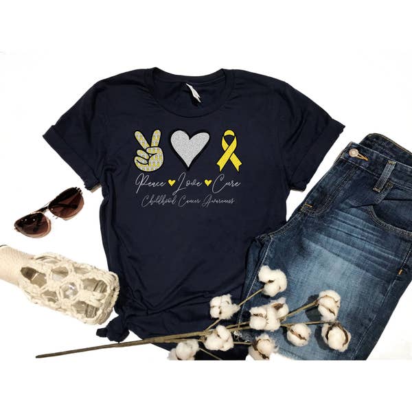 PREORDER-Peace Love Cure Childhood Cancer SS Boutique Soft Tee (Navy)