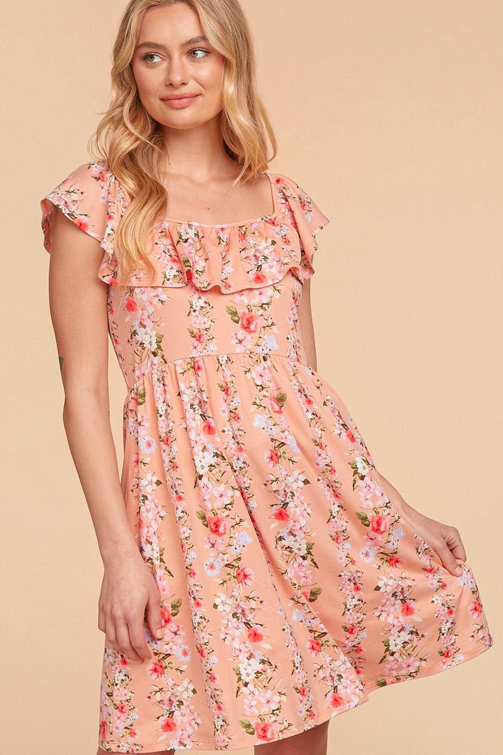 FINAL SALE - The Daphne Peach Floral Ruffled Swing Dress
