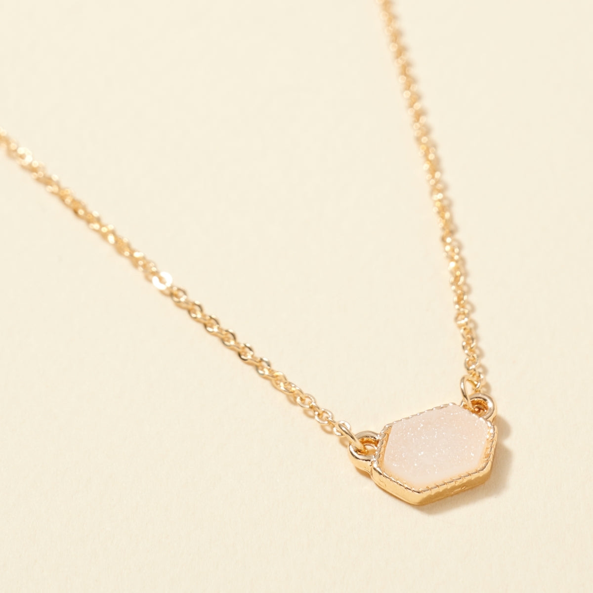 Dainty Hexagon Druzy Pendant Necklace & Earring Set - White on Gold