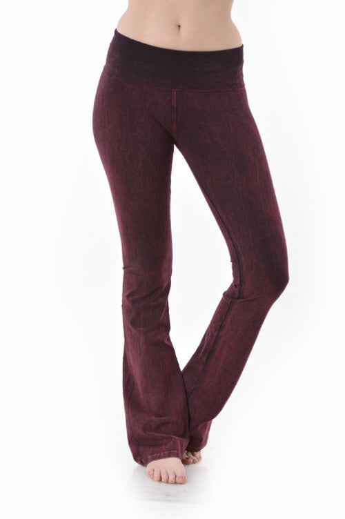 Mineral Washed Stretchy Bootcut Foldover Yoga Pants - Wine - Made In USA