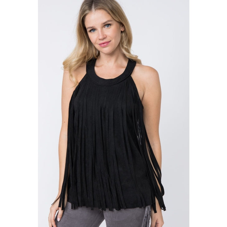 Western Princess Suede Fringed Top - Black