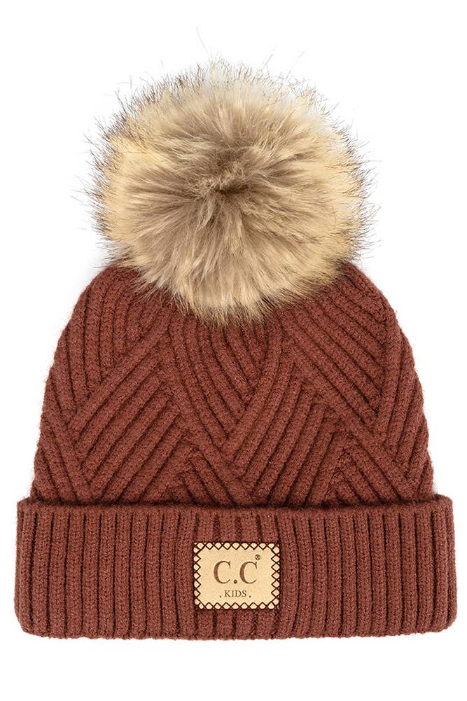 C.C Kids Patterned Faux Fur Pom Beanie Hat/2060