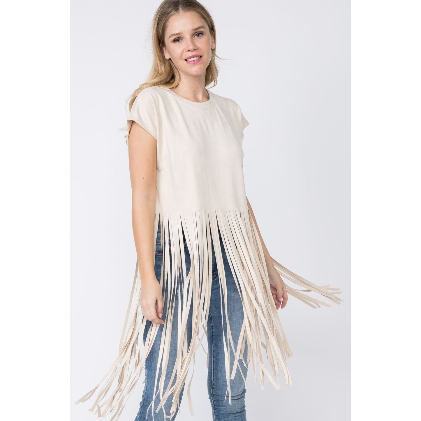 Natural Suede SS Long Fringed Top