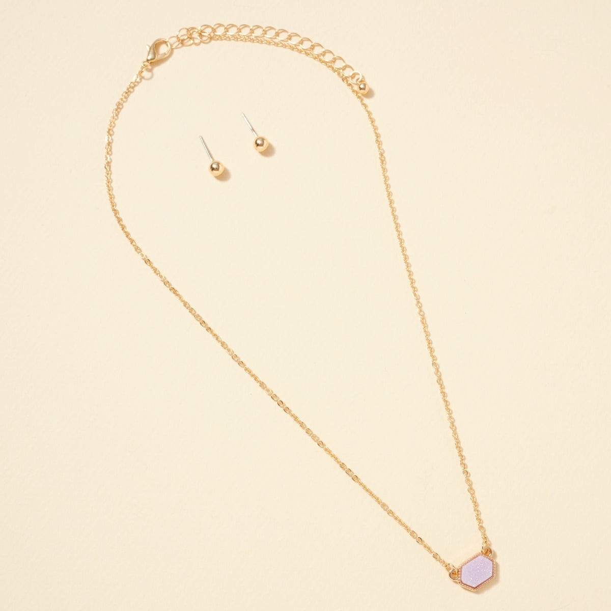 Dainty Hexagon Druzy Pendant Necklace & Earring Set - Lavender on Gold