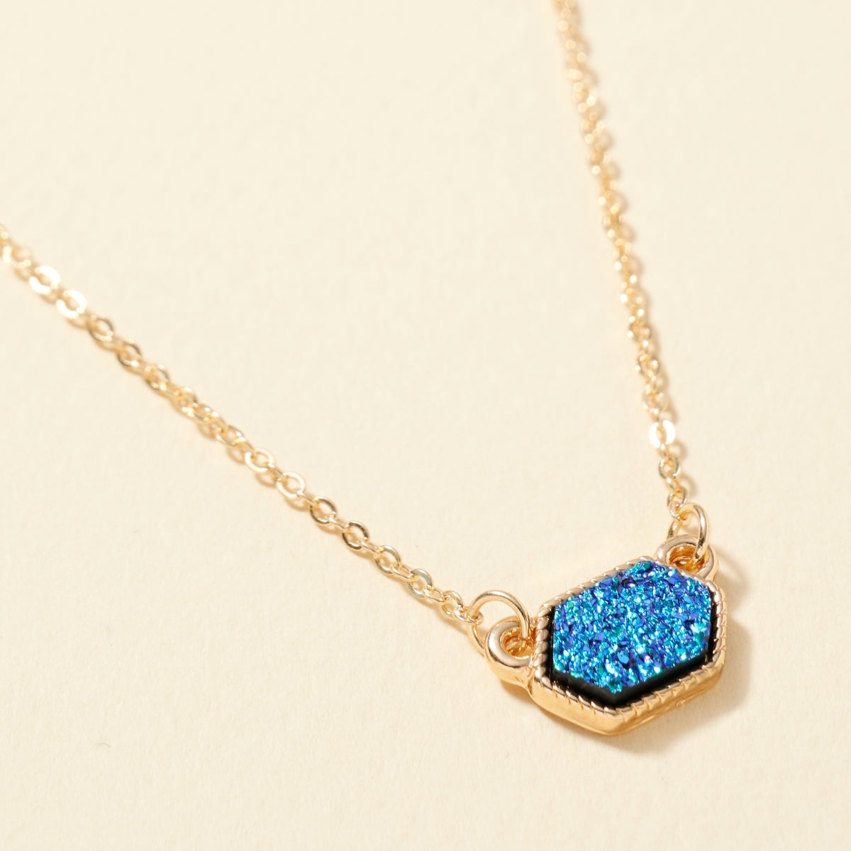 Dainty Hexagon Druzy Pendant Necklace & Earring Set - Montana Blue on Gold