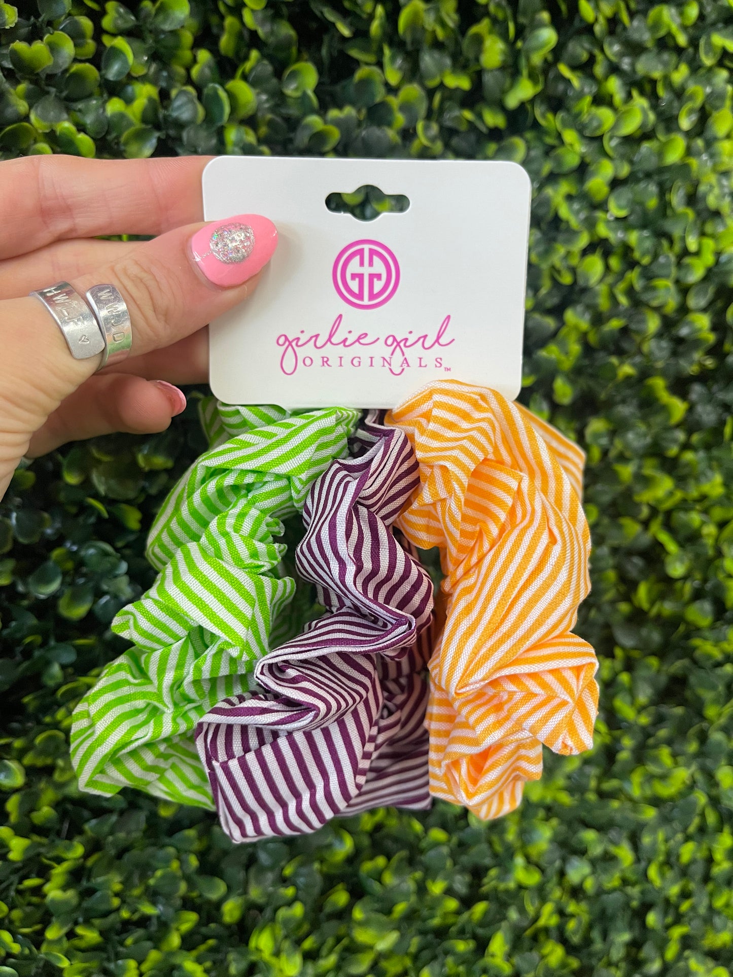 Pack of 3 Assorted Hair Scrunchies - Lime, Grape, Cantaloupe Stripes (SCR29)