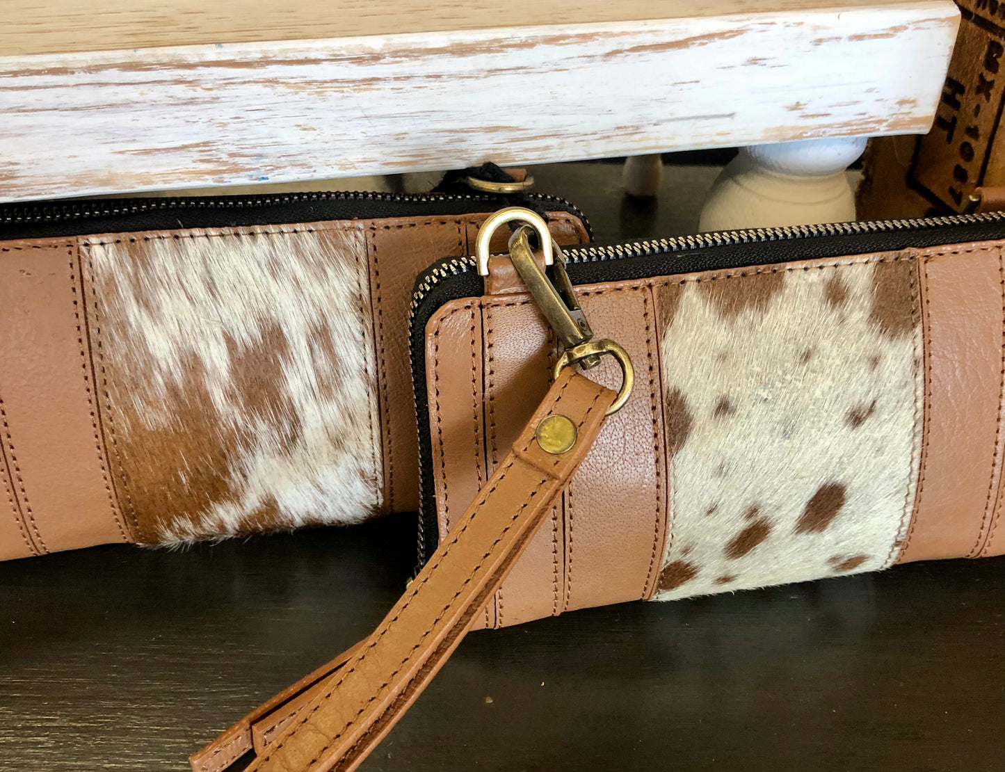 The Milly Genuine Leather & Cowhide Crossbody Wristlet Wallet - Coffee