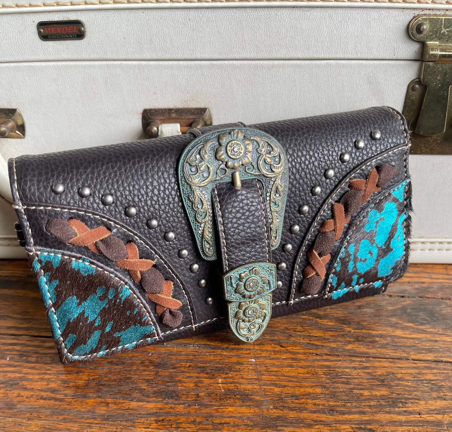Trinity Ranch Hair-On Cowhide Buckle Collection Wristlet Wallet - Coffee
