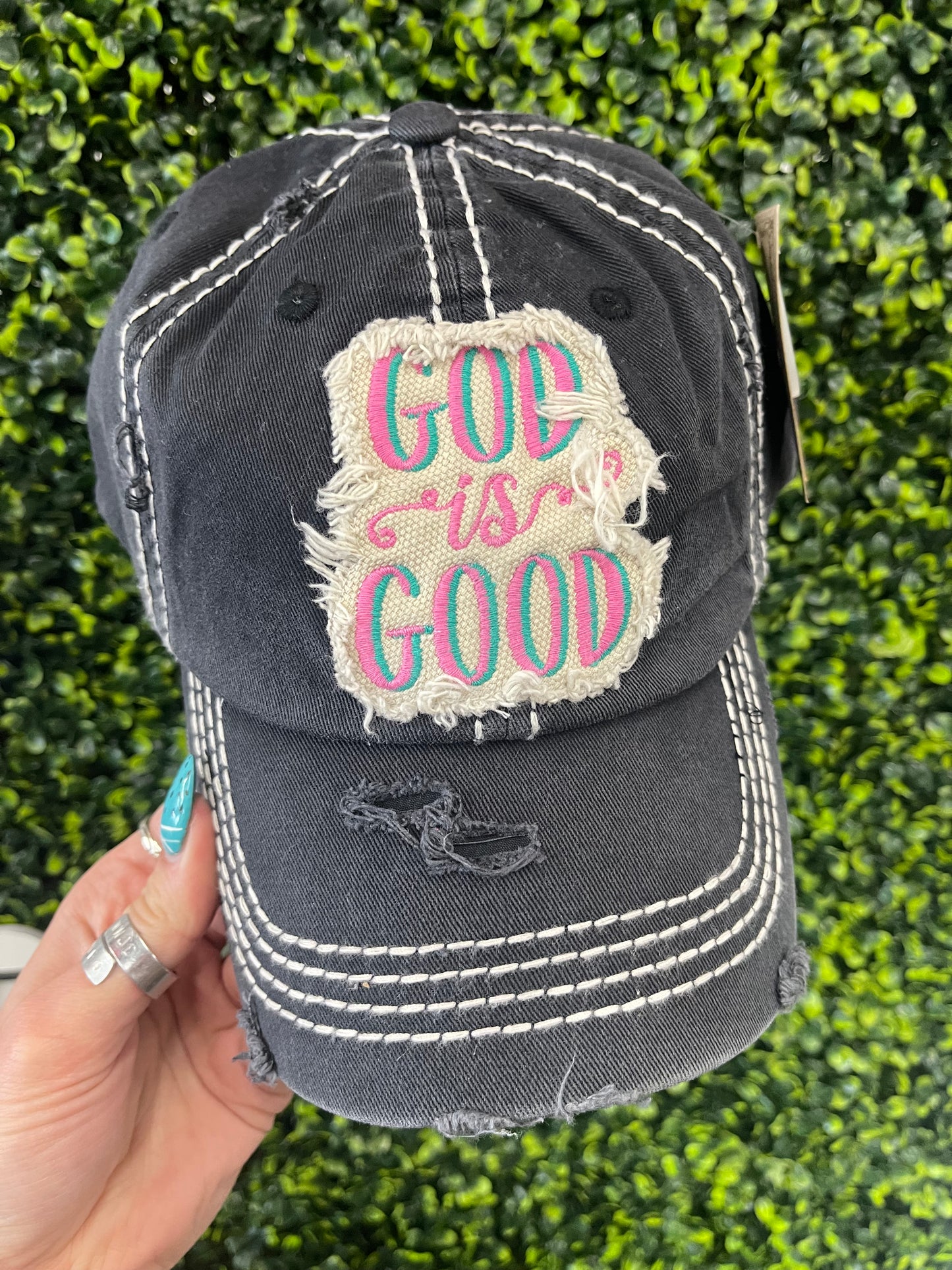 God Is Good Distressed Patch Hat - Black