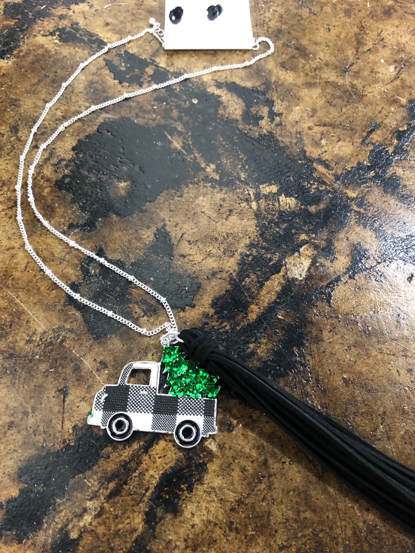 27" Christmas Tree Truck Tassel Necklace - Black White Plaid