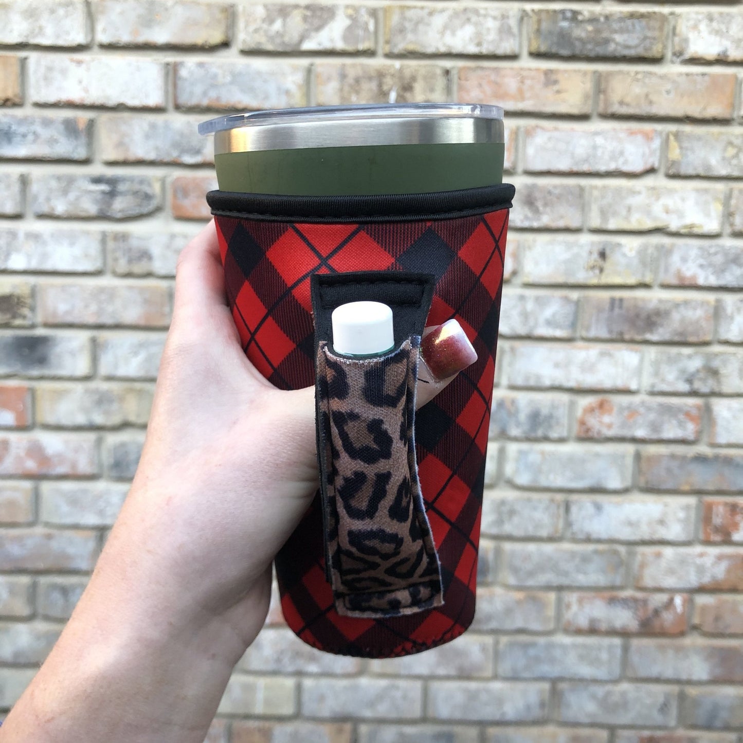 NEW Red Plaid 20oz Tumbler Holder with Leopard Pocket Handle-Fits YETI®, RTIC®