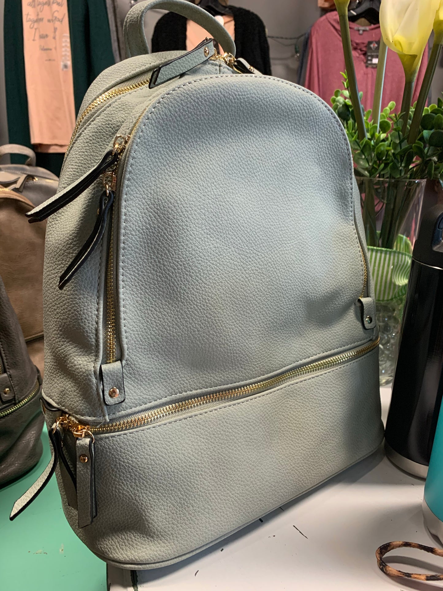 The Blake Vegan Leather Triple Zip Pocket Backpack - Seafoam - Monogrammable