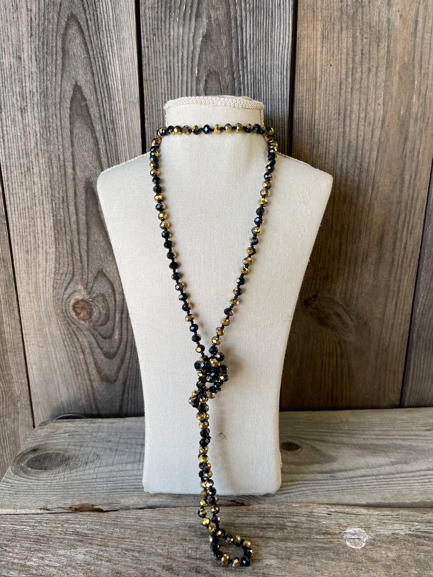 Milena 60" Black & Gold Hand Knotted Beaded Necklace