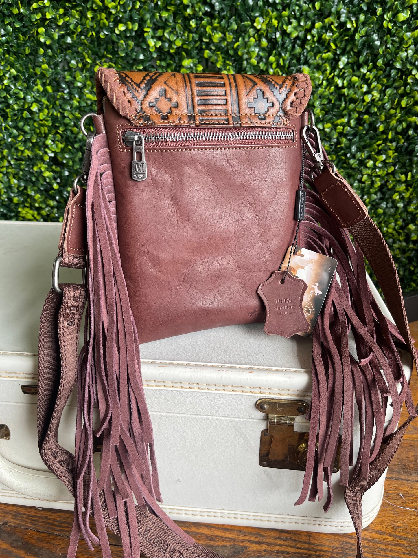 Montana West Genuine Leather Tooled Collection Crossbody - Brown Aztec