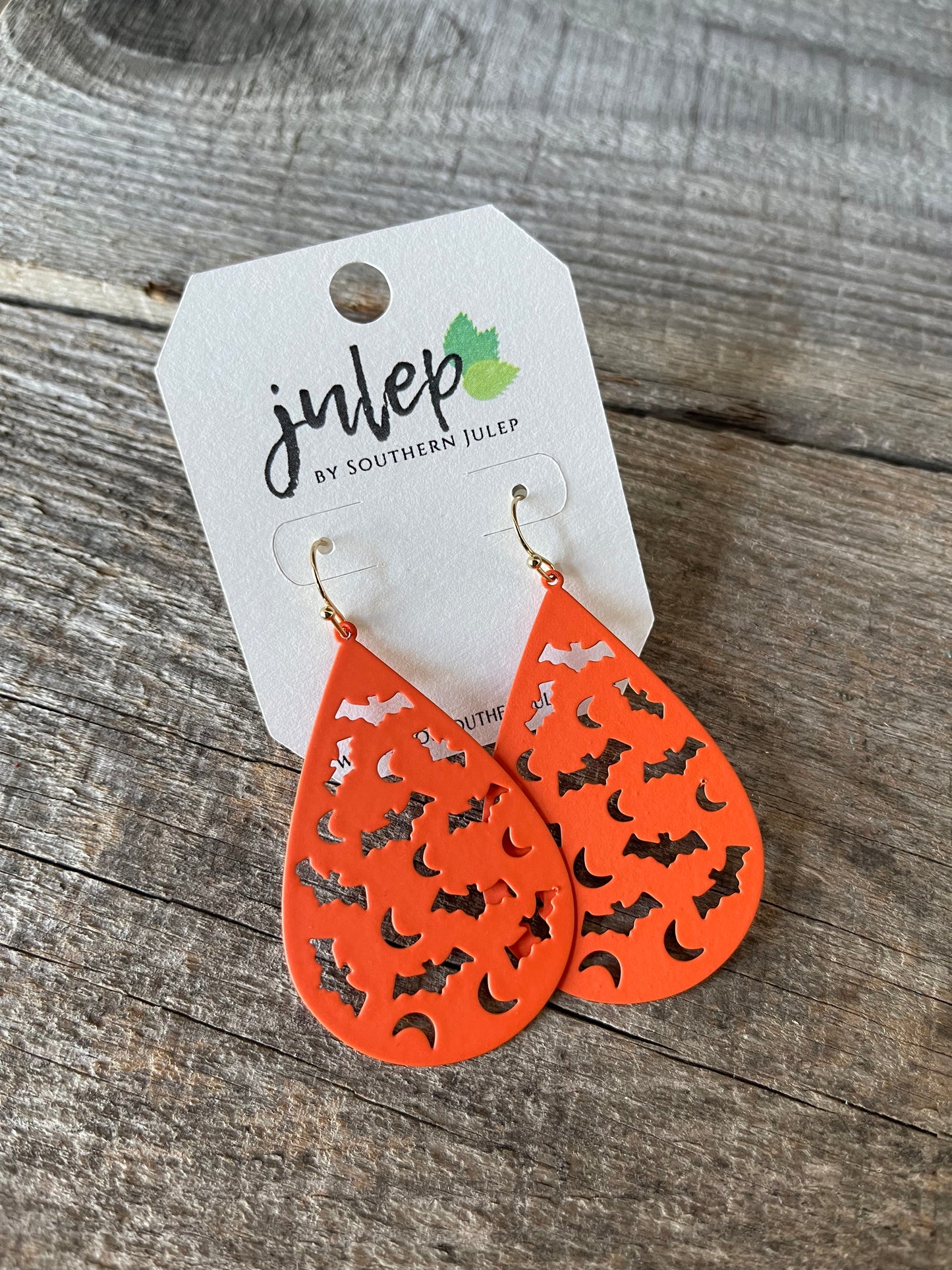 Halloween Metal Teardrop Earrings - Orange/Bats