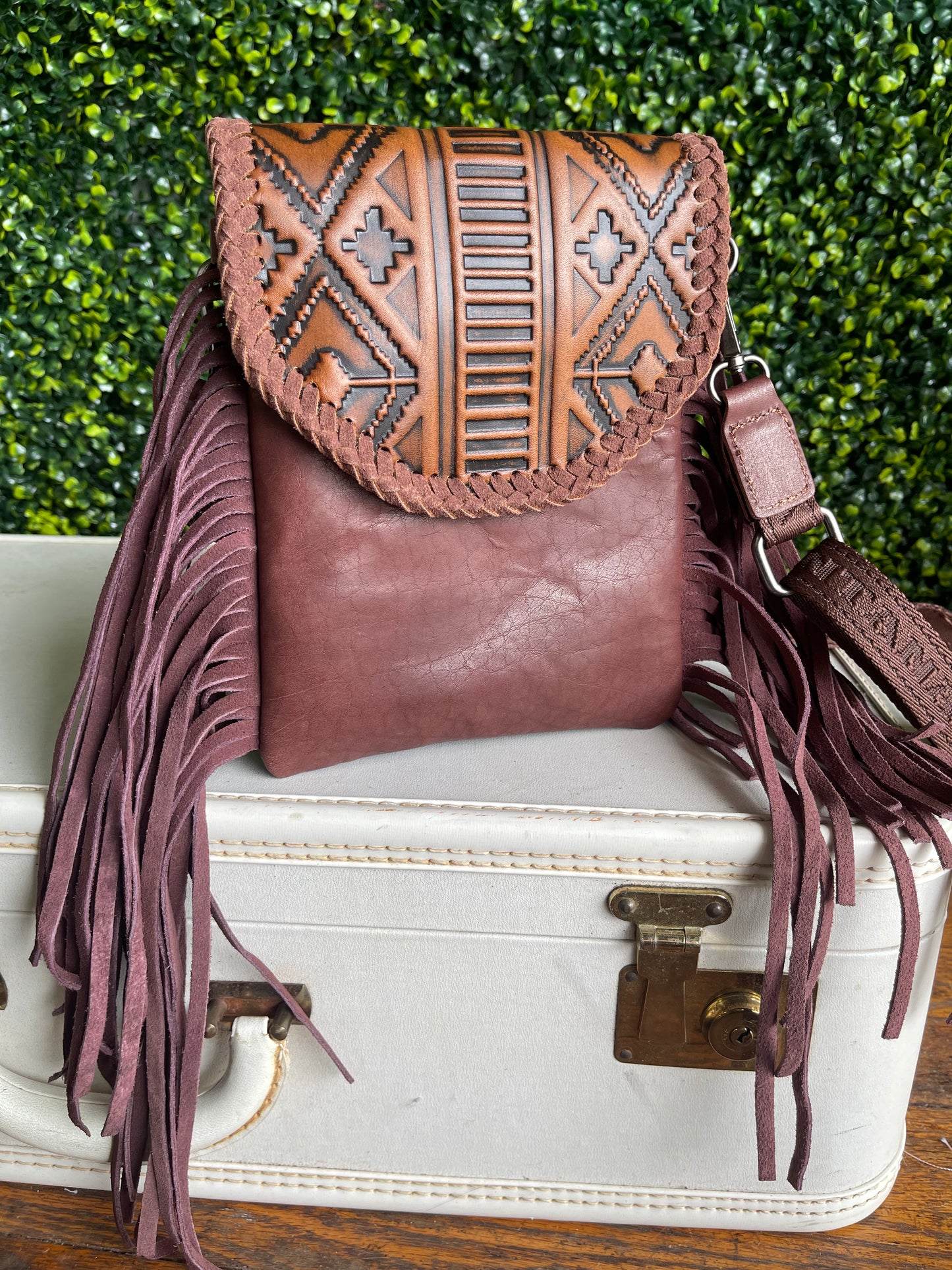 Montana West Genuine Leather Tooled Collection Crossbody - Brown Aztec