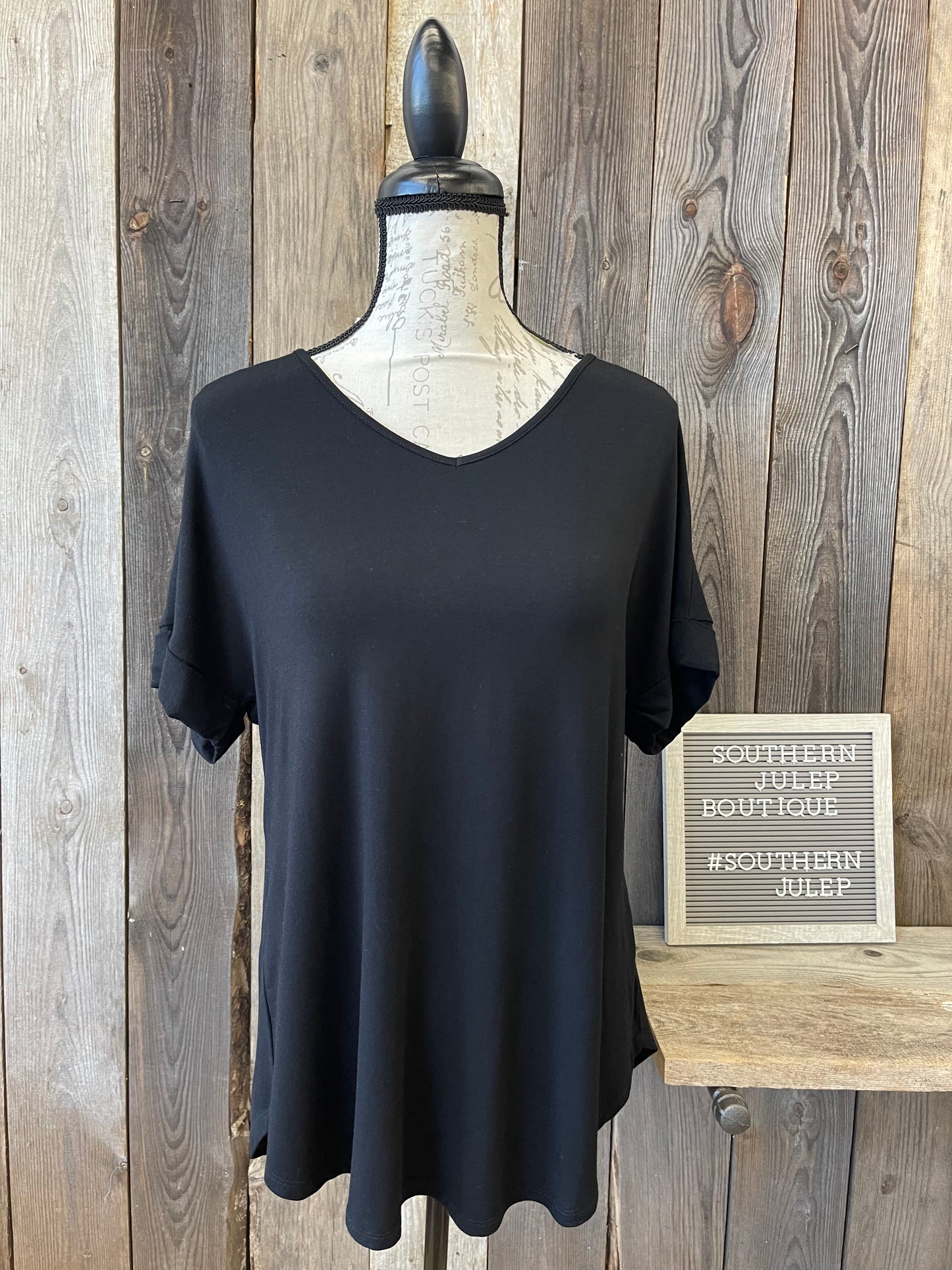 Curvy Evelyn Black Luxe Rayon V-Neck Top