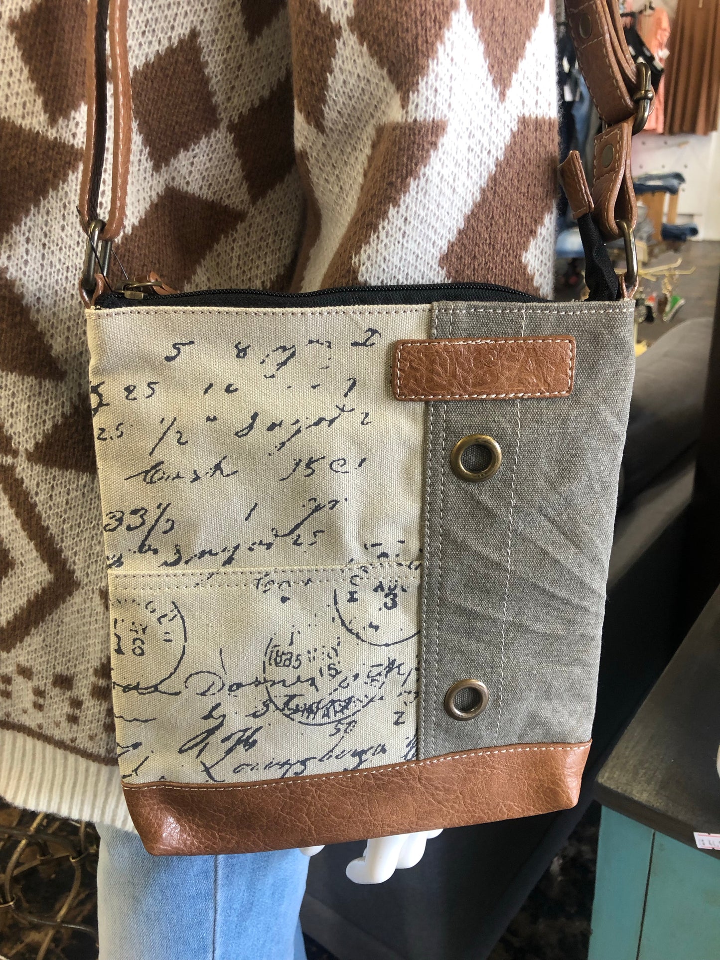 Vintage Script Upcycled Canvas Crossbody Bag