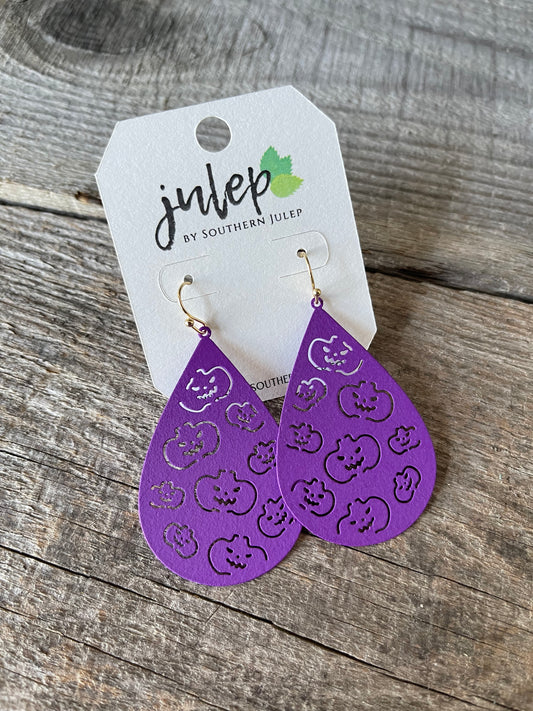 Halloween Metal Teardrop Earrings - Purple/Pumpkins