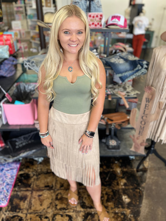 The Nashville Nights Taupe Suede Fringe Skirt