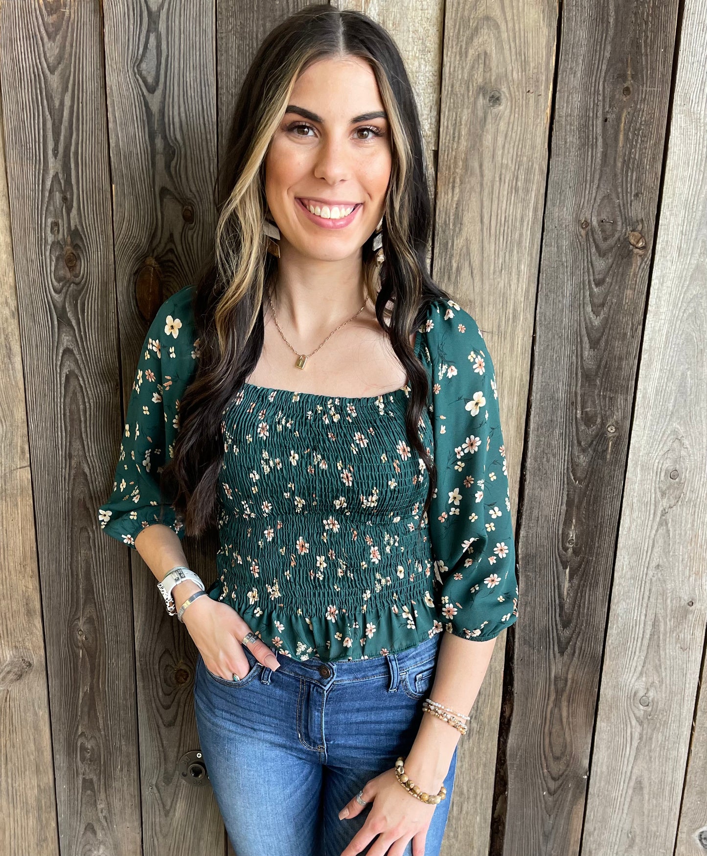 The Cianna Emerald Smocked Floral Print Top