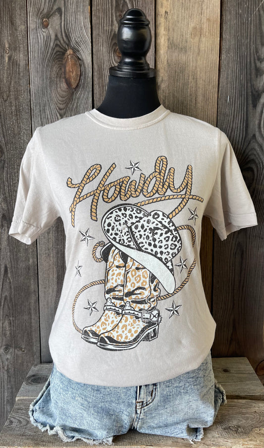 Howdy Cowgirl Hat & Boots Stone Soft Tee